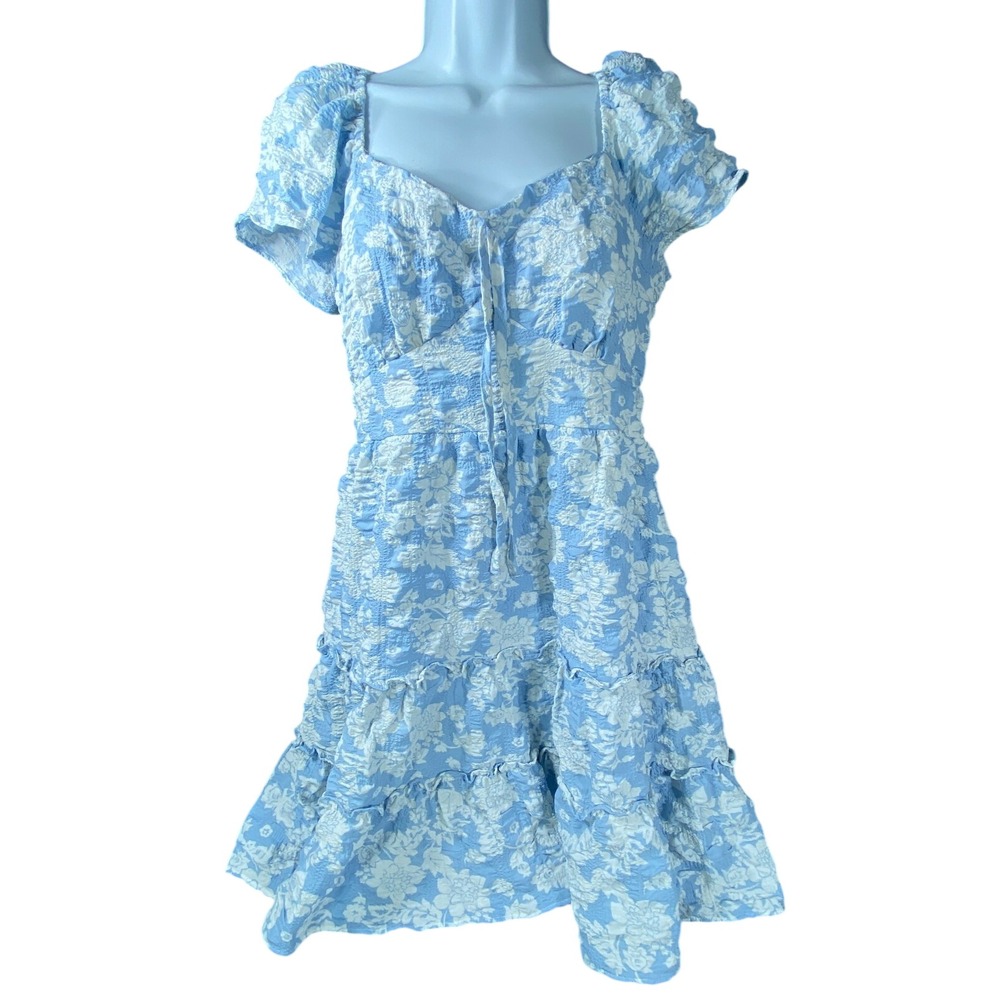 Francescas Dress Womens Medium Blue Floral Seersuck Puff Sleeve Ruche Coquette